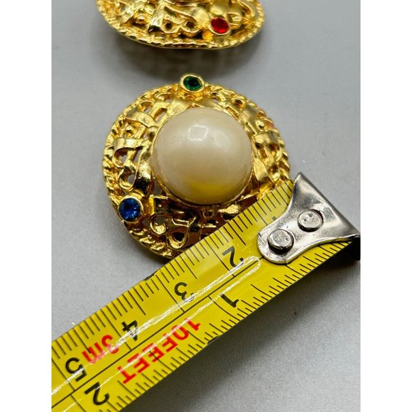Pearls & Rhinestones Clip Earrings Gold Tone Round Domed Buttons Red Green Blue - Picture 5 of 5